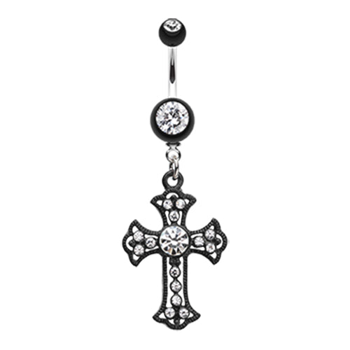 Scattered Jewelled Cross Belly Dangle - Dangling Belly Ring. Navel Rings Australia.