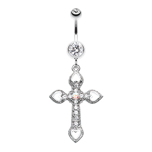 Hearted Byzantine Cross Navel Ring - Dangling Belly Ring. Navel Rings Australia.