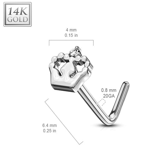 Crown L-Shape Nose Ring in 14K White Gold - Nostril. Navel Rings Australia.