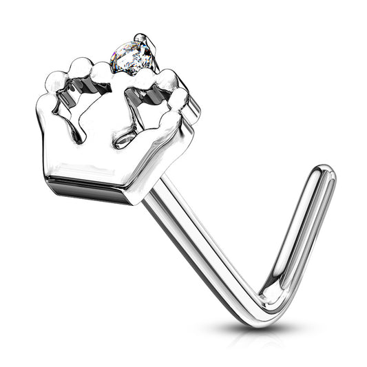 Crown L-Shape Nose Ring in 14K White Gold - Nostril. Navel Rings Australia.