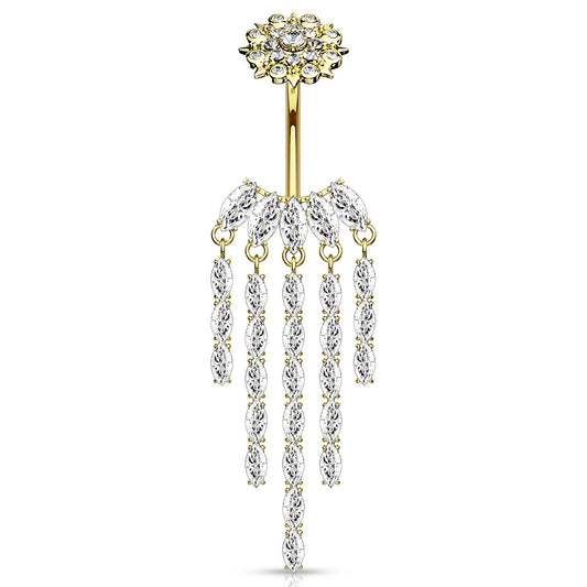 Crowned Ice Chandelier Belly Bar with Gold Plating - Dangling Belly Ring. Navel Rings Australia.