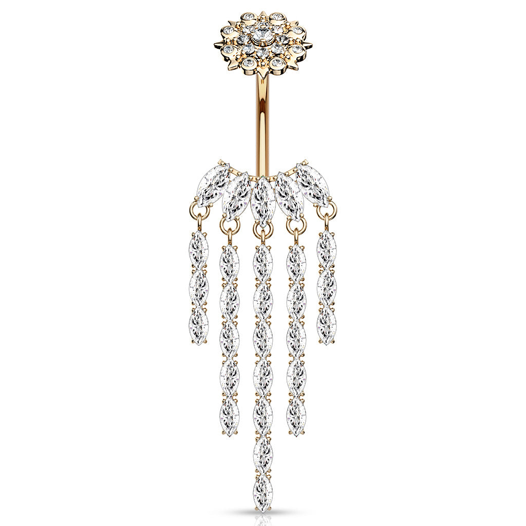 Crowned Ice Chandelier Belly Bar with Rose Gold Plating - Dangling Belly Ring. Navel Rings Australia.