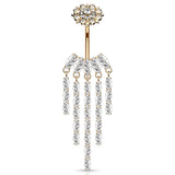 Crowned Ice Chandelier Belly Bar with Rose Gold Plating - Dangling Belly Ring. Navel Rings Australia.