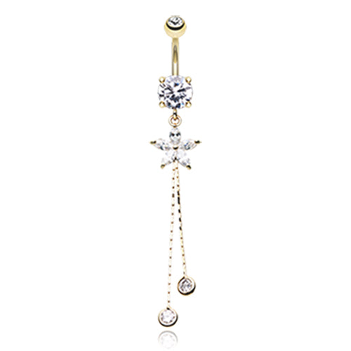 Bezelled Flower Chain Belly Dangle in Gold - Dangling Belly Ring. Navel Rings Australia.