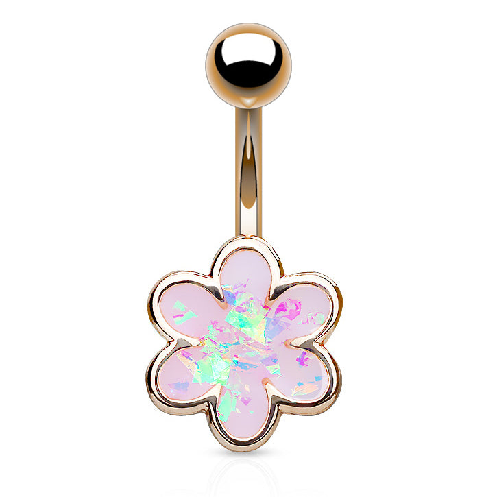 Illuminated Opal Daisy Belly Ring with Rose Gold Plating - Fixed (non-dangle) Belly Bar. Navel Rings Australia.