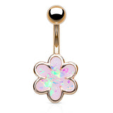 Illuminated Opal Daisy Belly Ring with Rose Gold Plating - Fixed (non-dangle) Belly Bar. Navel Rings Australia.