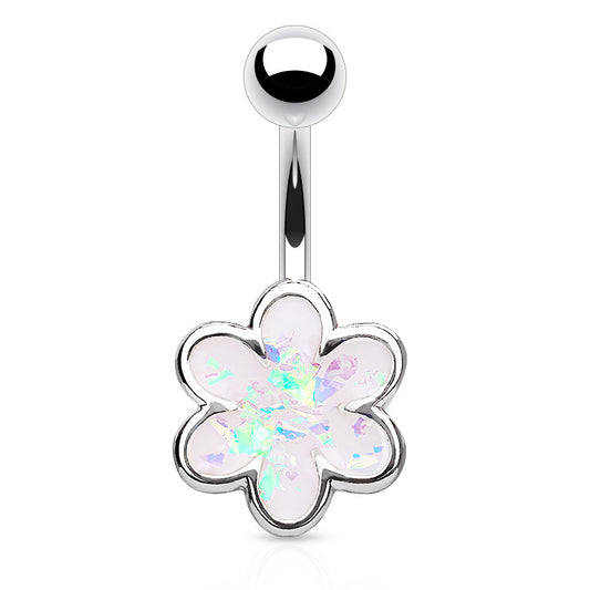 Illuminated Opal Daisy Belly Button Ring - Fixed (non-dangle) Belly Bar. Navel Rings Australia.