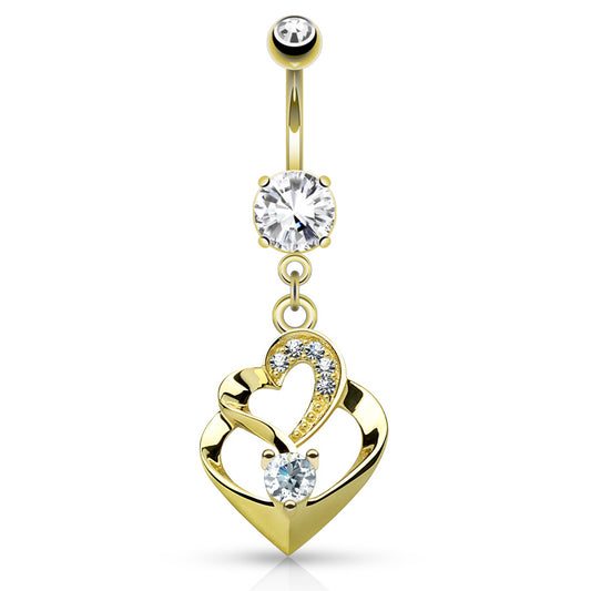 Duo Heart Belly Bar in 14K Gold - Dangling Belly Ring. Navel Rings Australia.