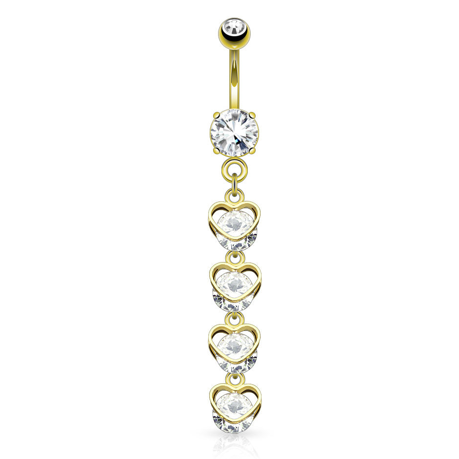 Collapsing Hearts Belly Bar with Gold Plating - Dangling Belly Ring. Navel Rings Australia.