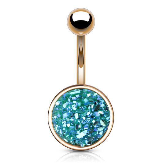 Druzy Resin Bezel Cup Belly Bars with Rose Gold Plating - Basic Curved Barbell. Navel Rings Australia.