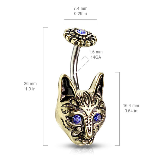 Egypts Bastet Cat Belly Bar in Gold - Fixed (non-dangle) Belly Bar. Navel Rings Australia.