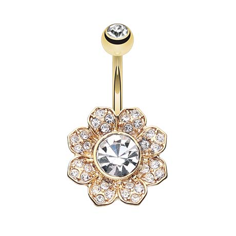 Gold Avens Flower Belly Bar - Fixed (non-dangle) Belly Bar. Navel Rings Australia.