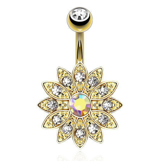 Gold Plated Vintage Antique Flower Burst - Fixed (non-dangle) Belly Bar. Navel Rings Australia.