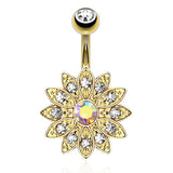 Gold Plated Vintage Antique Flower Burst - Fixed (non-dangle) Belly Bar. Navel Rings Australia.