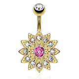 Gold Plated Vintage Antique Flower Burst - Fixed (non-dangle) Belly Bar. Navel Rings Australia.