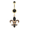 Fleur De Lis Navel Bar in Yellow Gold - Dangling Belly Ring. Navel Rings Australia.