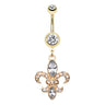 Fleur De Lis Navel Bar in Yellow Gold - Dangling Belly Ring. Navel Rings Australia.