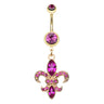 Fleur De Lis Navel Bar in Yellow Gold - Dangling Belly Ring. Navel Rings Australia.