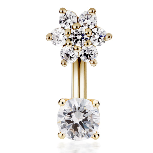 14K Yellow Gold CZ Floweret Topped Belly Ring by Maria Tash - Fixed (non-dangle) Belly Bar. Navel Rings Australia.