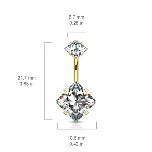 Internally Threaded Square Prong Set Belly Bar with Rose Gold Plating - Fixed (non-dangle) Belly Bar. Navel Rings Australia.