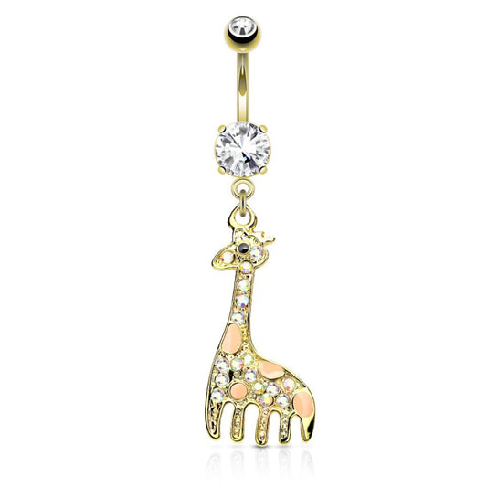 Jewelled Giraffe Belly Ring with Gold Plating - Dangling Belly Ring. Navel Rings Australia.