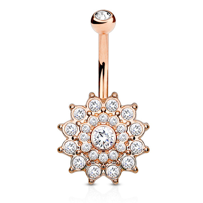Mandala's Ritz and Glitz Belly Ring with Rose Gold Plating - Fixed (non-dangle) Belly Bar. Navel Rings Australia.
