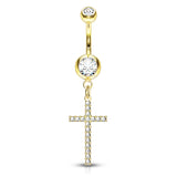 Adriel's Glittering Cross Belly Ring with Gold Plating - Dangling Belly Ring. Navel Rings Australia.