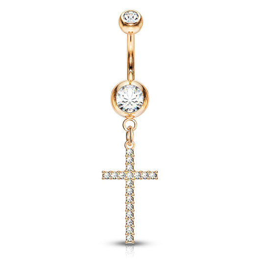 Adriel's Glittering Cross Belly Ring with Rose Gold Plating - Dangling Belly Ring. Navel Rings Australia.