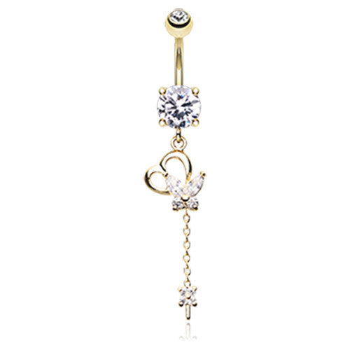 Golden Fluttering Heart Belly Dangle - Dangling Belly Ring. Navel Rings Australia.