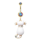 Audacious White Kitty Belly Ring in Gold - Dangling Belly Ring. Navel Rings Australia.