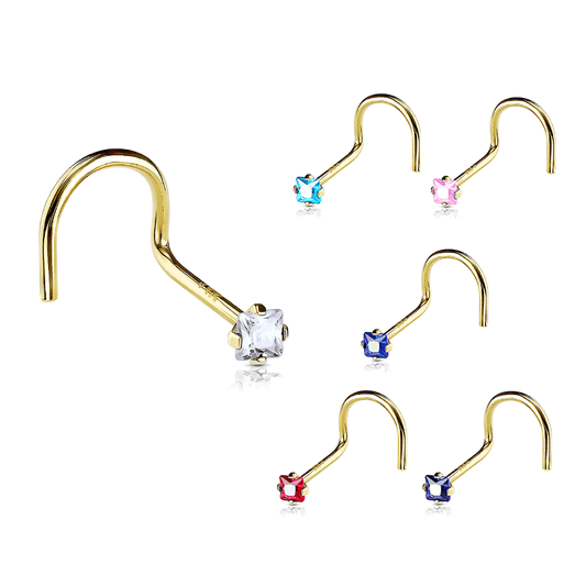 Square Gem Corkscrew Nose Ring in 14K Yellow Gold