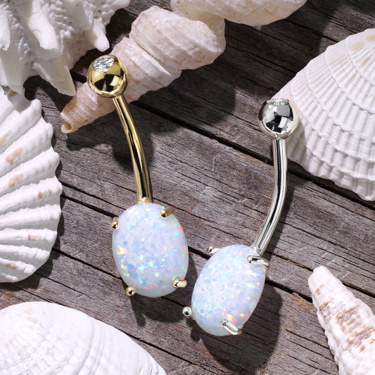 Classic Opal Belly Ring in 14K White Gold - Fixed (non-dangle) Belly Bar. Navel Rings Australia.
