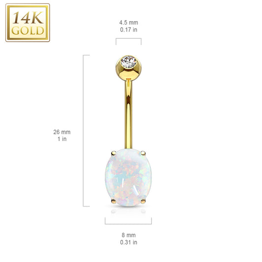 Classic Opal Belly Ring in 14K Yellow Gold - Fixed (non-dangle) Belly Bar. Navel Rings Australia.