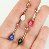 Solitaire Teardrop Opal Belly Rings with Rose Gold Plating - Basic Curved Barbell. Navel Rings Australia.
