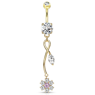 Gold Plated Extra Long Dangly Flower Belly Ring. 14g Belly Bar