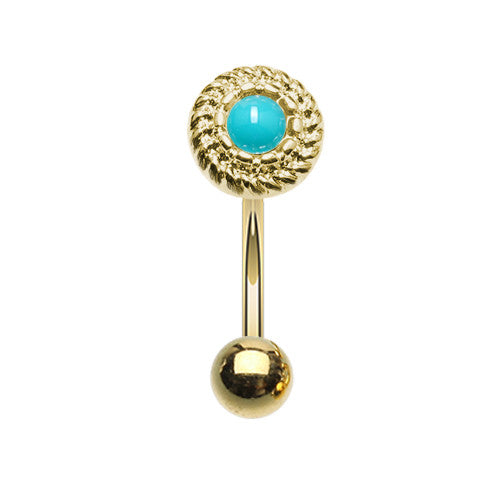 16g Petite Roped Turquoise Reverse Belly Bar in Gold - Reverse Top Down Belly Ring. Navel Rings Australia.