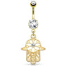 Hamsa Amulet Belly Bar with Gold Plating - Dangling Belly Ring. Navel Rings Australia.