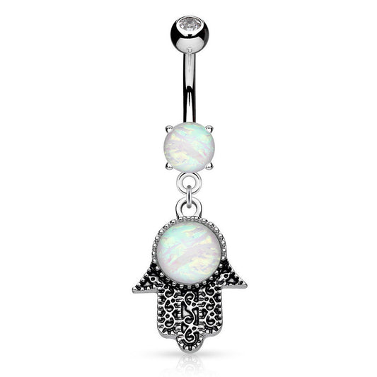 Opaline Hamsa Hand Belly Bar - Dangling Belly Ring. Navel Rings Australia.