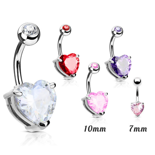 Heart Solitaire Belly Rings. Petite and Mega Heart Gems. - Fixed (non-dangle) Belly Bar. Navel Rings Australia.