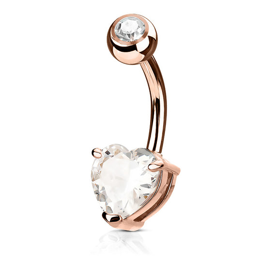 Heart Solitaire Belly Bar with Rose Gold Plating - Fixed (non-dangle) Belly Bar. Navel Rings Australia.