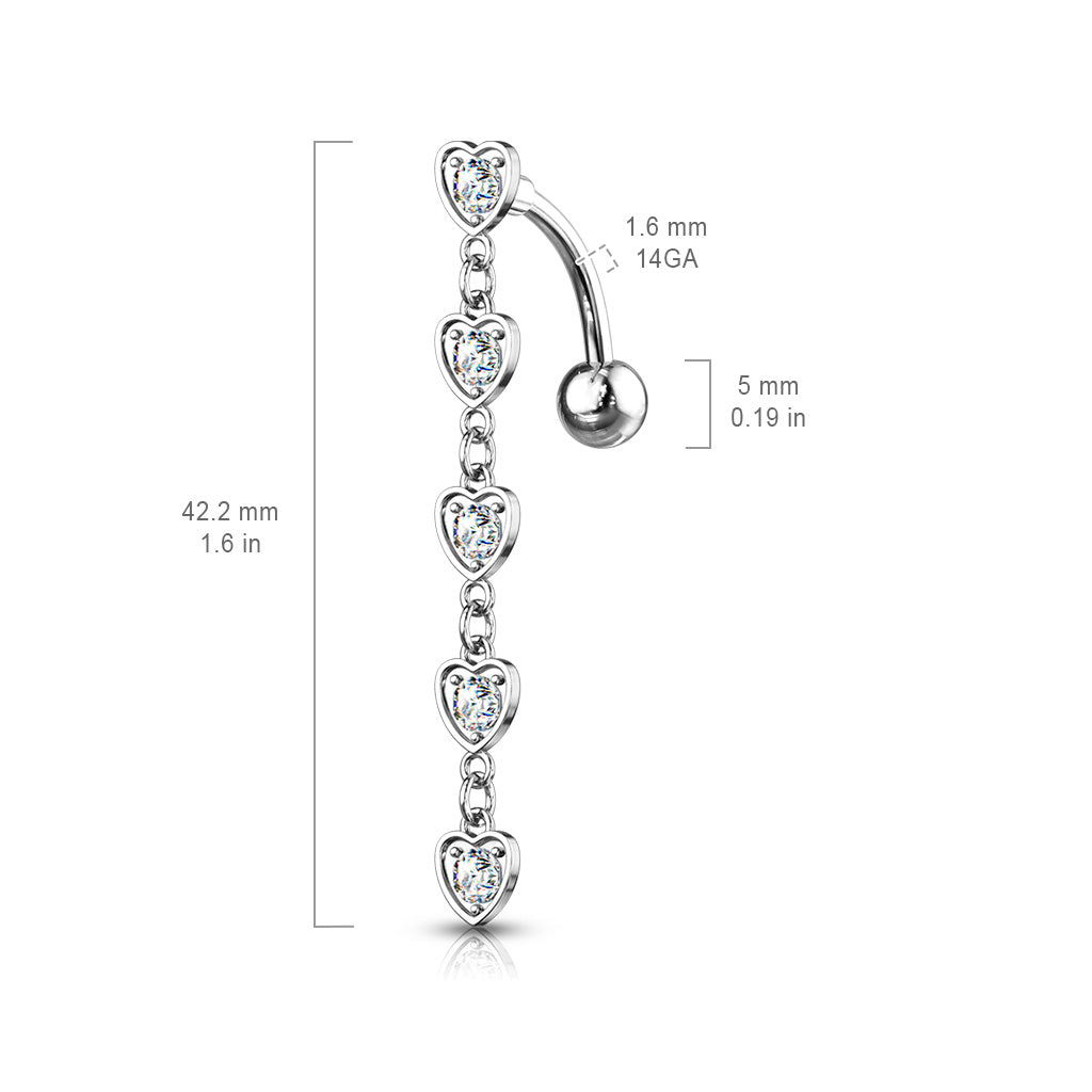 Chain of Hearts Reverse Belly Bar with Rose Gold Plating - Reverse Top Down Belly Ring. Navel Rings Australia.