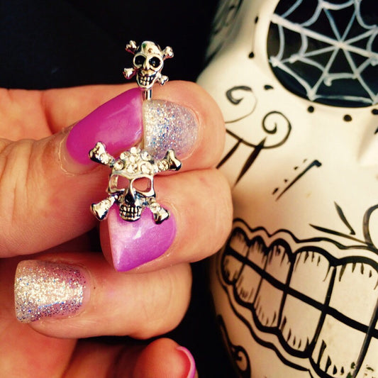 Split Double Skull Belly Button Ring - Split Spinal Belly Bar. Navel Rings Australia.