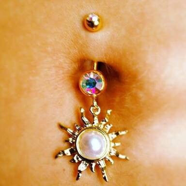 Golden Blazing Pearl Sun Navel Ring - Dangling Belly Ring. Navel Rings Australia.
