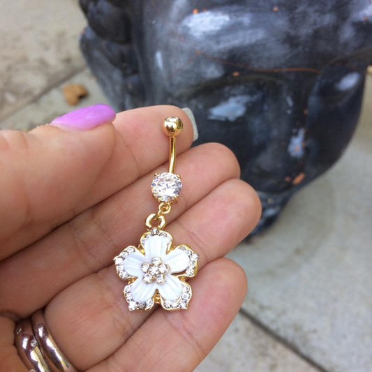 Paved Hawaiian Flower Belly Ring with Gold Plating - Dangling Belly Ring. Navel Rings Australia.