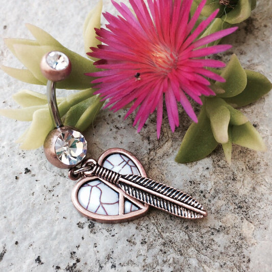 White Turquoise Heart Navel Bar - Dangling Belly Ring. Navel Rings Australia.