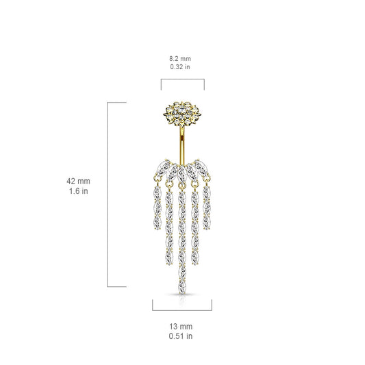 Crowned Ice Chandelier Belly Bar with Rose Gold Plating - Dangling Belly Ring. Navel Rings Australia.