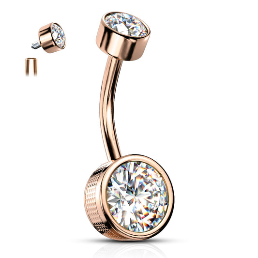 Flat Disc Internally Threaded Gem Belly Bar with Rose Gold Plating - Basic Curved Barbell. Navel Rings Australia.