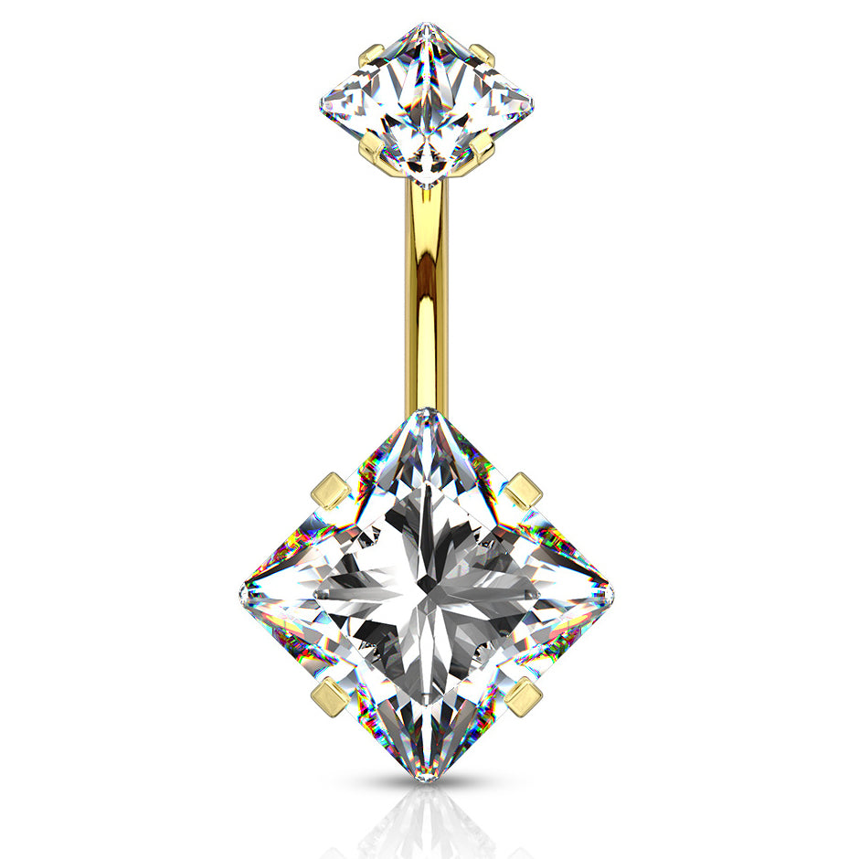 Internally Threaded Square Prong Set Belly Bar with Gold Plating - Fixed (non-dangle) Belly Bar. Navel Rings Australia.