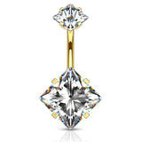 Internally Threaded Square Prong Set Belly Bar with Gold Plating - Fixed (non-dangle) Belly Bar. Navel Rings Australia.