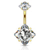Internally Threaded Square Prong Set Belly Bar with Gold Plating